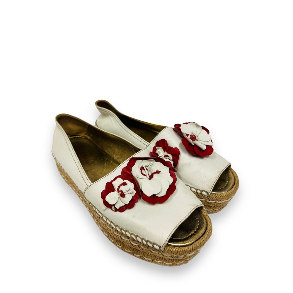 PRADA White Leather Floral Appliqued Peep Toe Platform Espadrilles Flats 38.5 - Picture 3 of 8